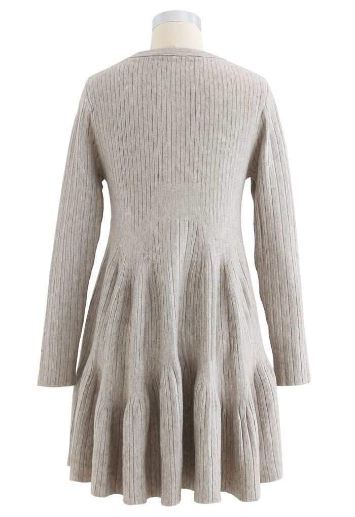 Frilling Hem Round Neck Knit Dress in Sand