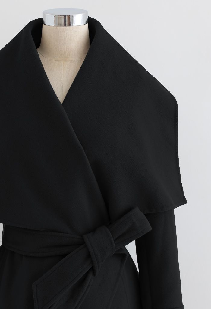 Wide Lapel Tie Belt Wrapped Wool-Blend Coat in Black