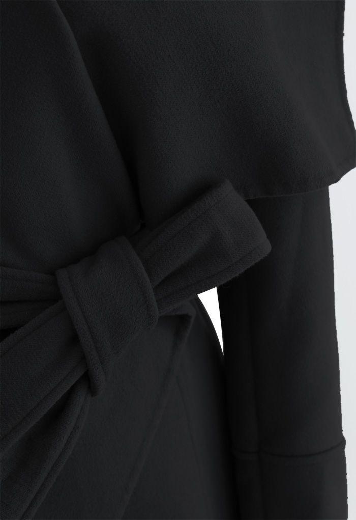 Wide Lapel Tie Belt Wrapped Wool-Blend Coat in Black