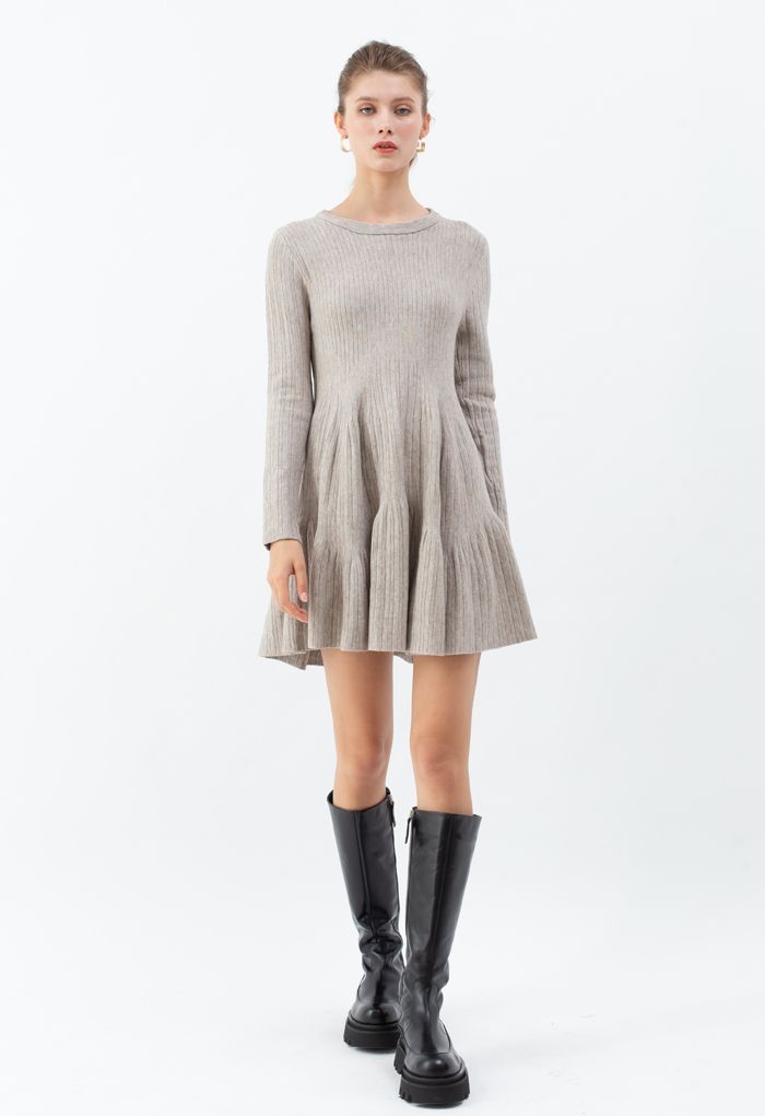 Frilling Hem Round Neck Knit Dress in Sand