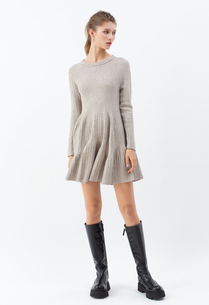 Frilling Hem Round Neck Knit Dress in Sand