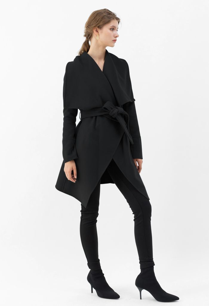 Wide Lapel Tie Belt Wrapped Wool-Blend Coat in Black