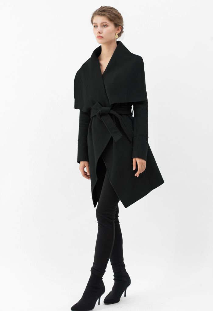 Wide Lapel Tie Belt Wrapped Wool-Blend Coat in Black