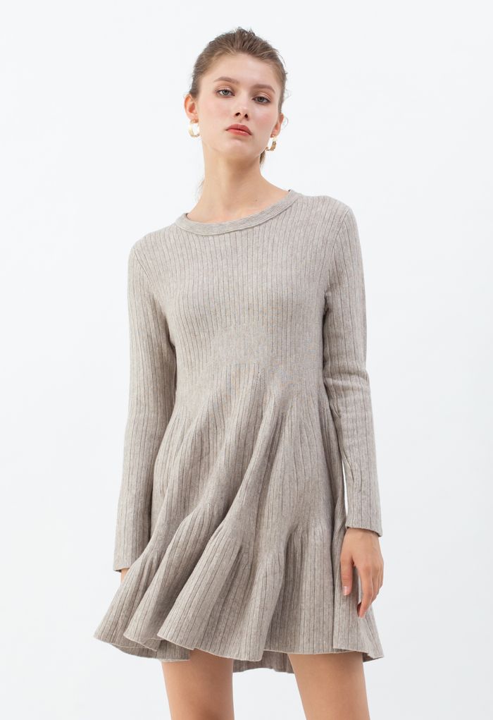 Frilling Hem Round Neck Knit Dress in Sand