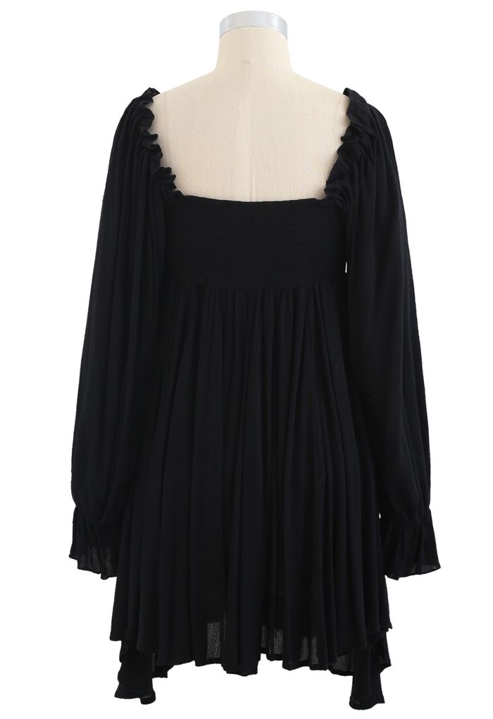 Square Neck Buttoned Asymmetric Mini Dress in Black