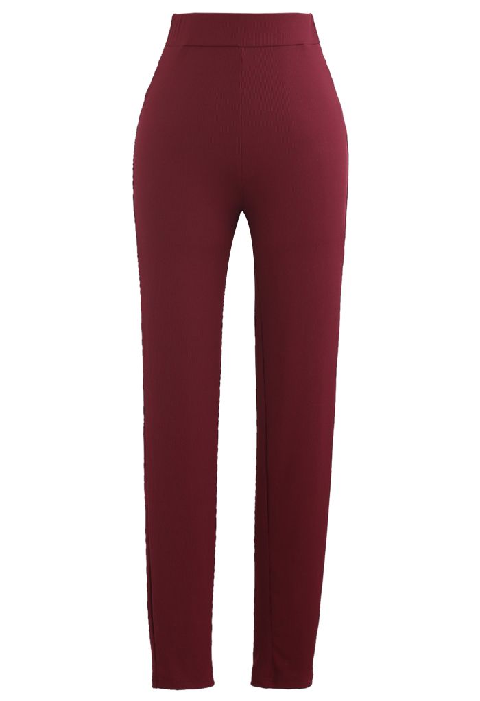 Fitted Zipper Front Top and Skinny Pants Set in Wine