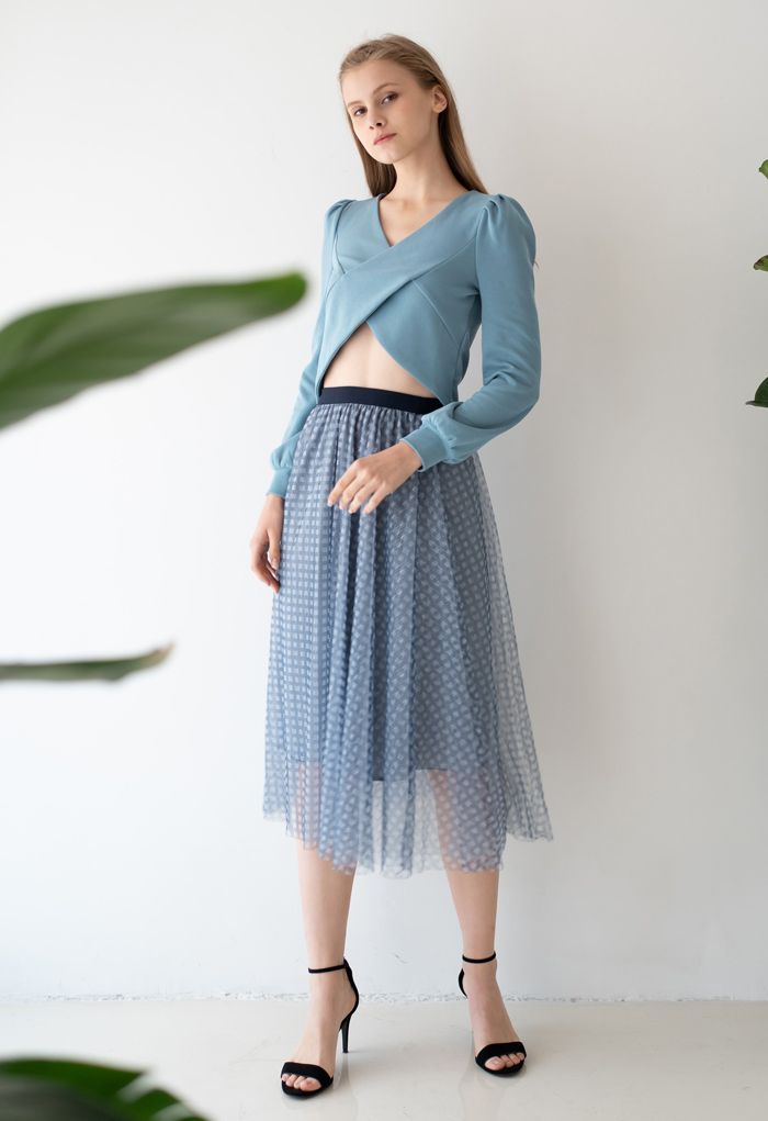 Metallic Thread Double-Layered Tulle Mesh Skirt in Blue