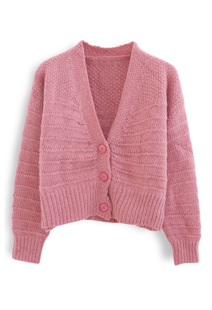 V-Neck Button Down Fuzzy Knit Cardigan in Pink