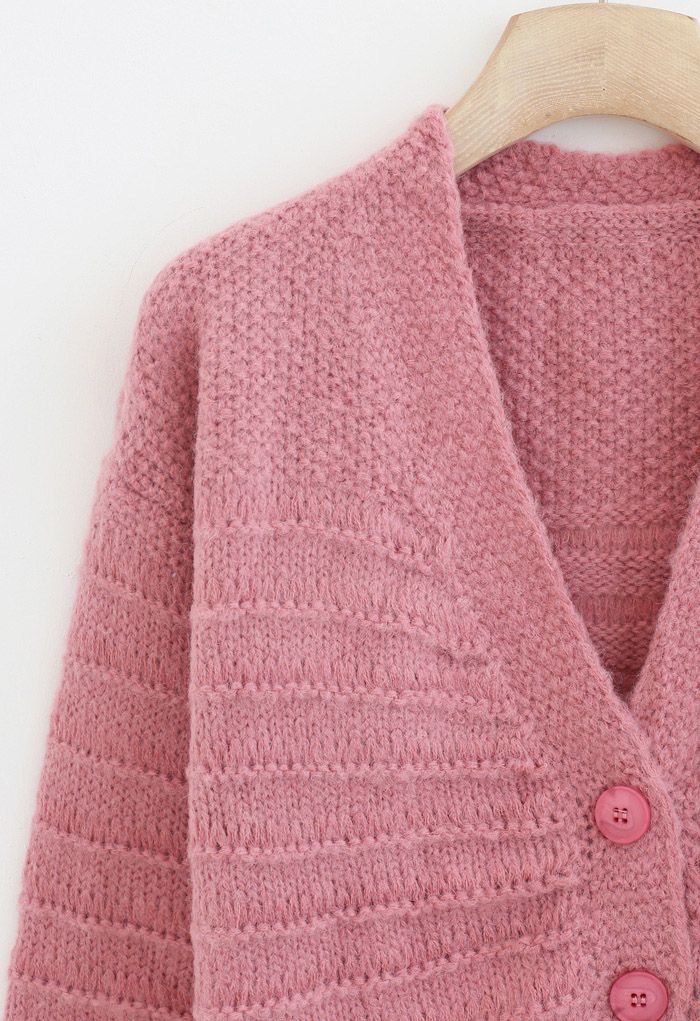 V-Neck Button Down Fuzzy Knit Cardigan in Pink