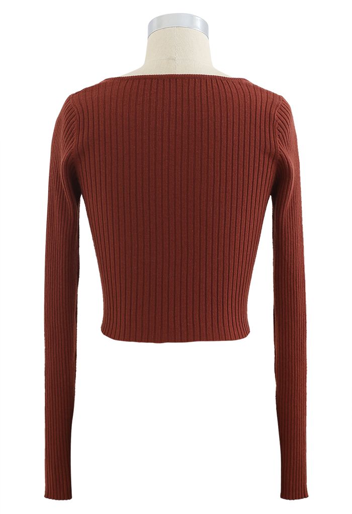 Square Neck Crop Fitted Rib Knit Top in Rust Red