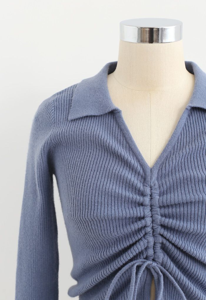Drawstring Collared Fitted Knit Top in Blue