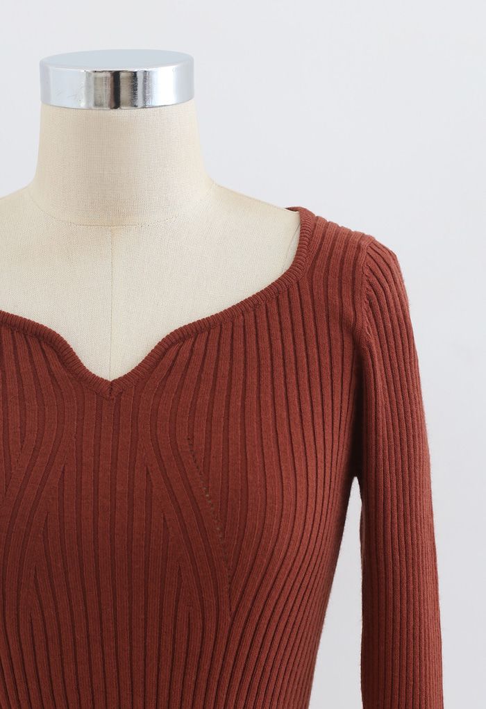 Square Neck Crop Fitted Rib Knit Top in Rust Red