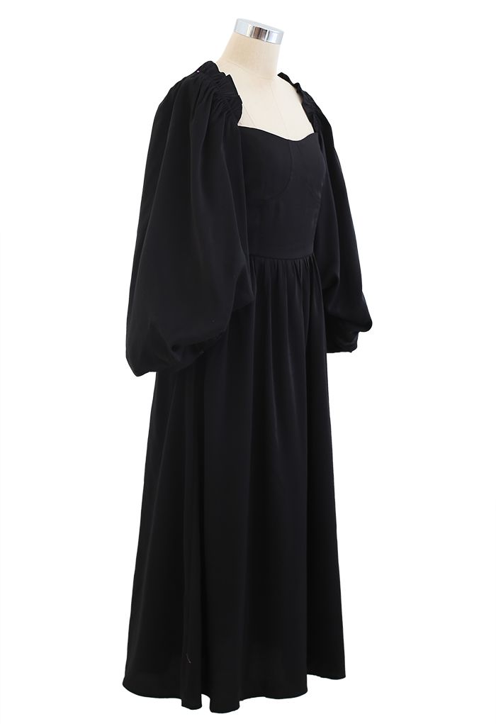 Dramatic Puff Sleeve Shirred Dress in Black