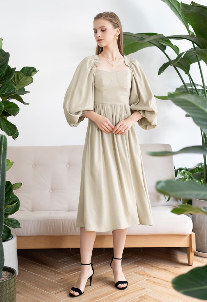 Dramatic Puff Sleeve Shirred Dress in Camel