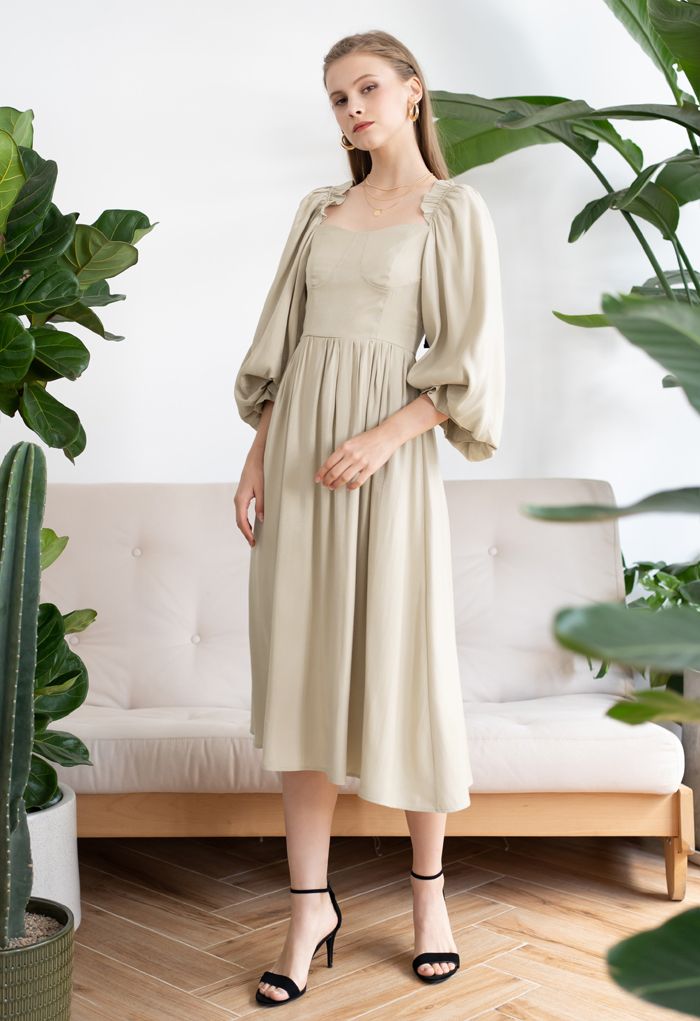 Dramatic Puff Sleeve Shirred Dress in Camel