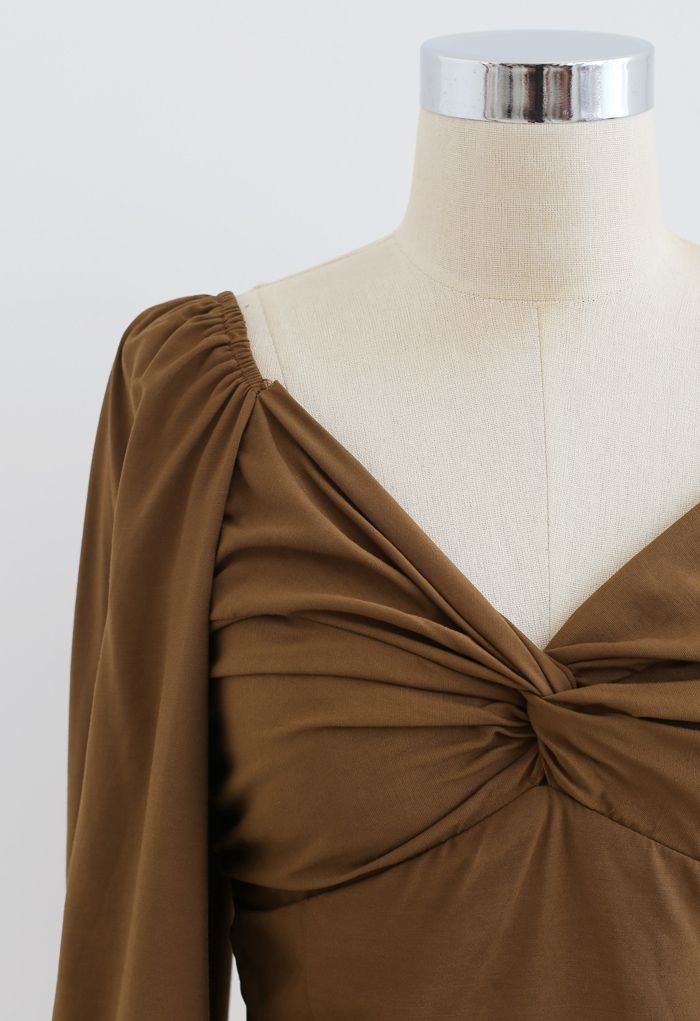 Twist Front Shirred Back Crop Top in Brown