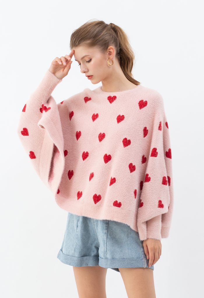 Batwing Sleeves Heart Fluffy Knit Sweater in Pink