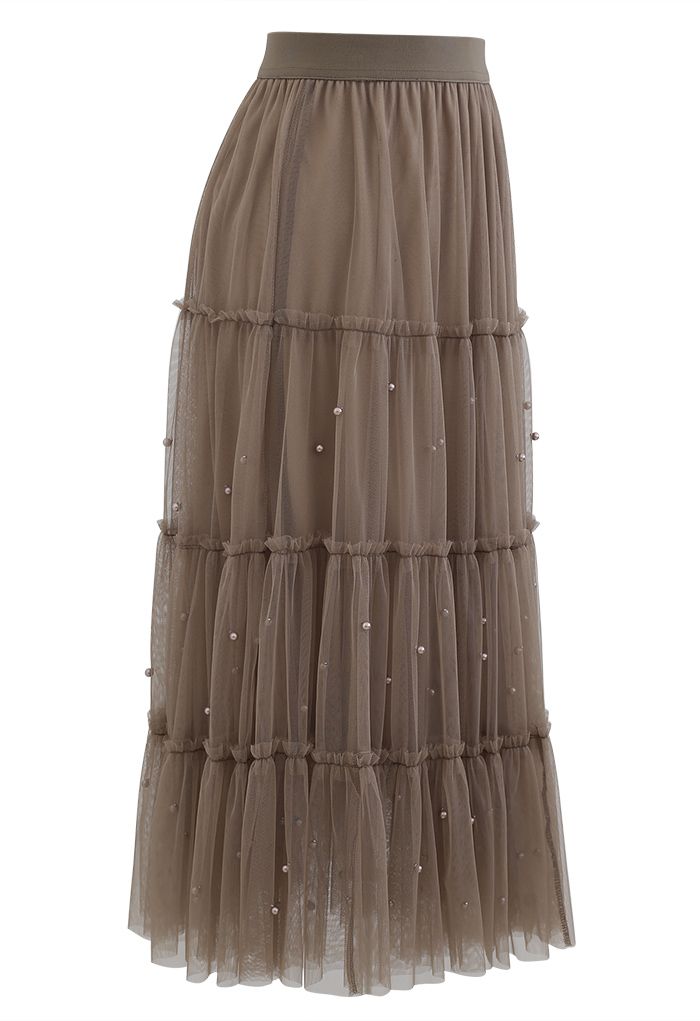 Beads Trim Double-Layered Tulle Mesh Skirt in Brown