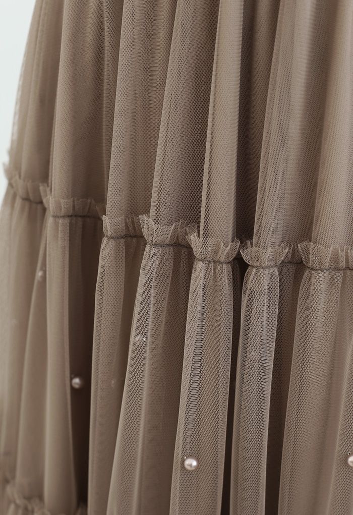 Beads Trim Double-Layered Tulle Mesh Skirt in Brown