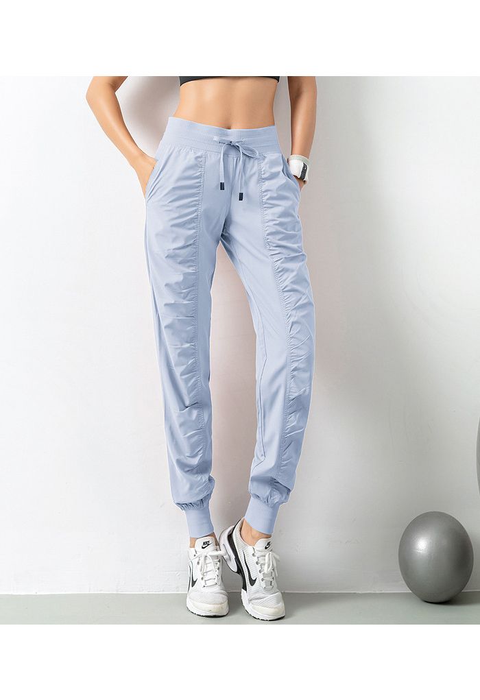 Drawstring Waist Ruched Detail Joggers in Sky Blue
