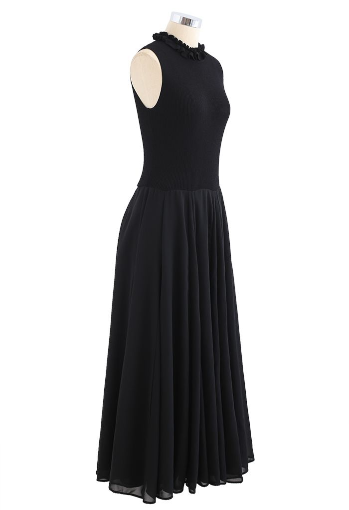 Knit Spliced Sleeveless Maxi Dress in Black