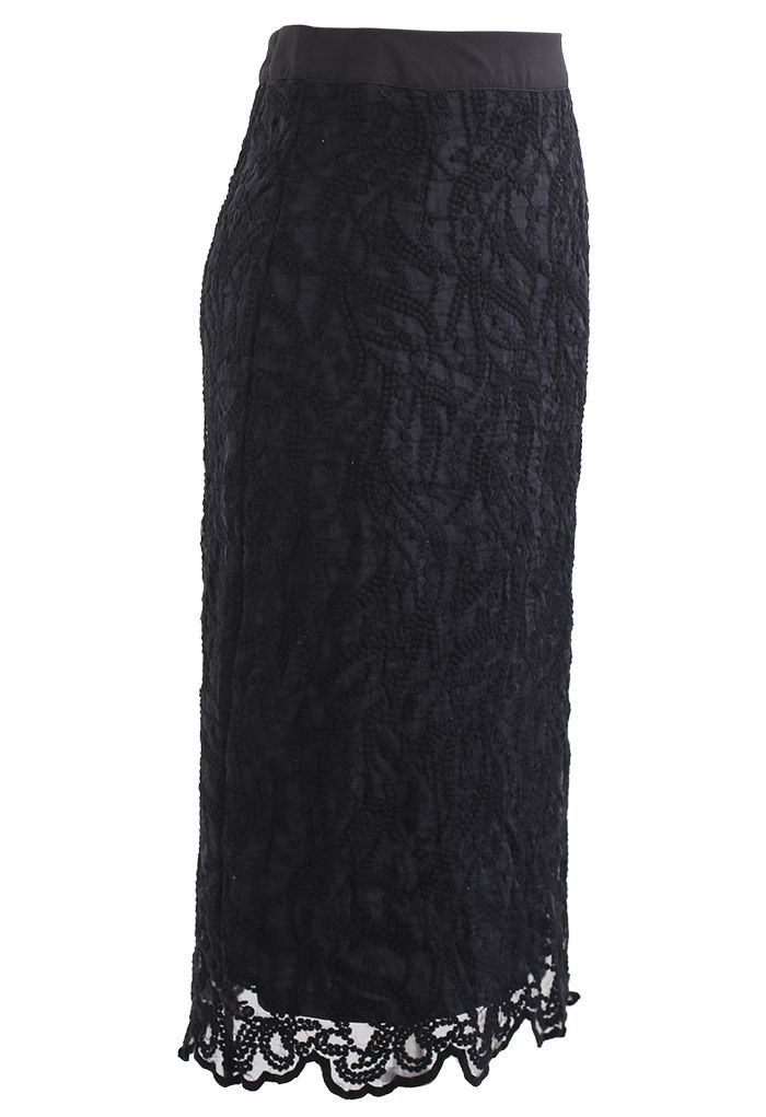 Embroidered Vine Organza Pencil Skirt in Black