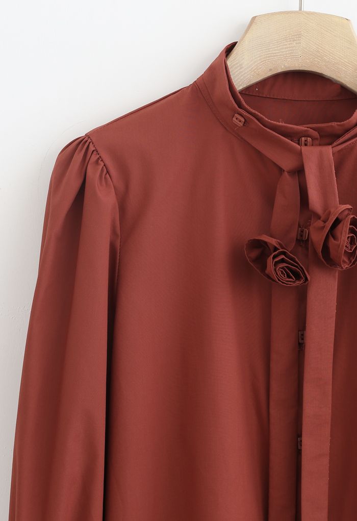 Detachable Flower Ribbon Buttoned Shirt in Caramel