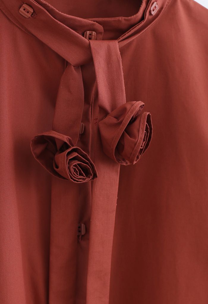 Detachable Flower Ribbon Buttoned Shirt in Caramel