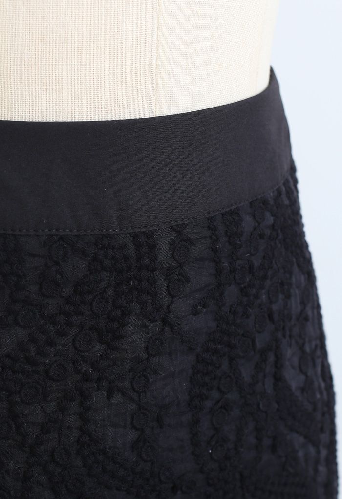 Embroidered Vine Organza Pencil Skirt in Black