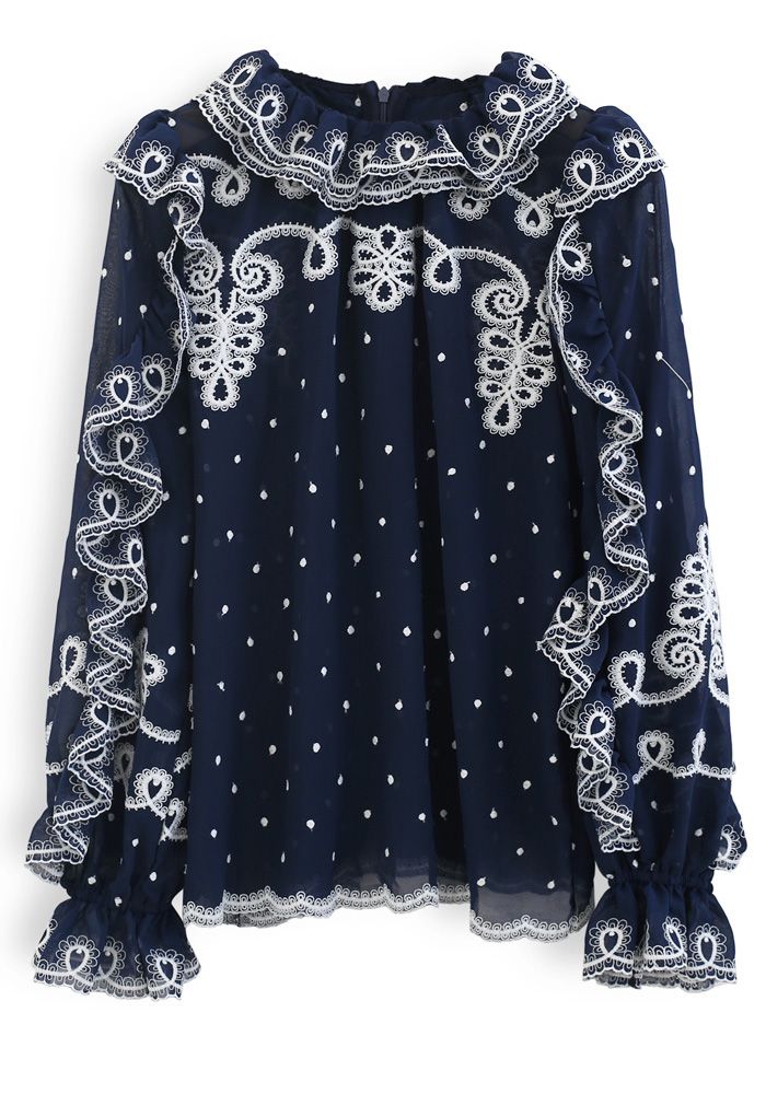 Ruffle Embroidered Chiffon Top in Navy