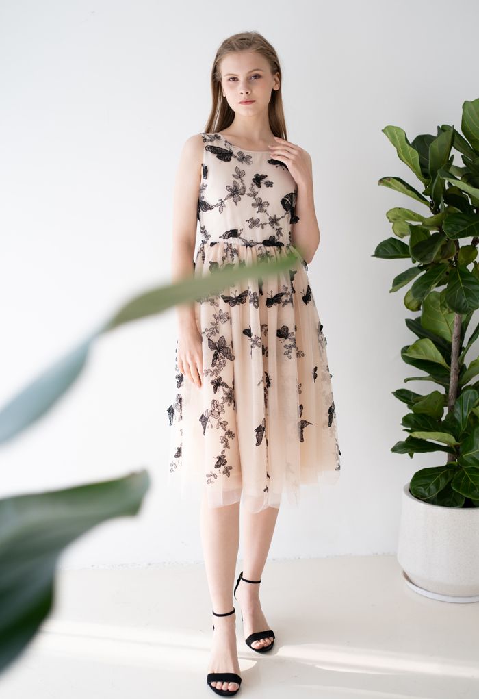 Dancing Butterfly Double-Layered Sleeveless Mesh Dress