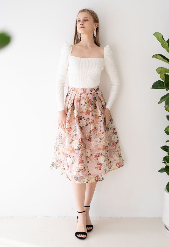 Blooming Flowers Printed Organza Midi Skirt