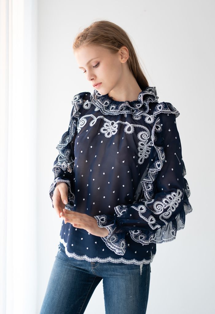 Ruffle Embroidered Chiffon Top in Navy
