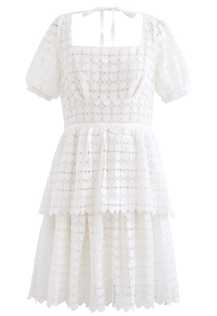 Full of Heart Crochet Square Neck Dress in White
