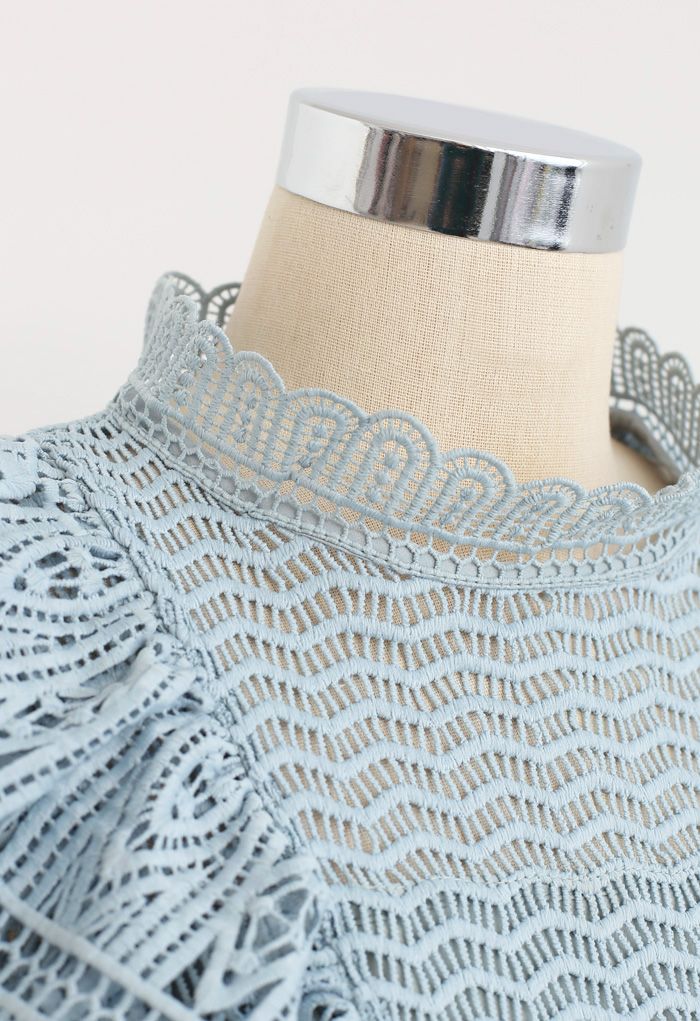 Tiered Ruffle Crochet Mock Neck Sleeveless Top in Teal