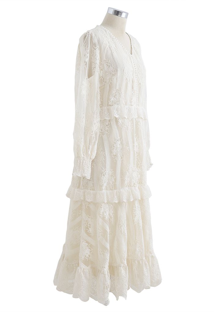 Breezy Embroidered V-Neck Mesh Midi Dress in Cream