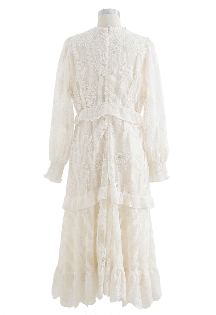Breezy Embroidered V-Neck Mesh Midi Dress in Cream