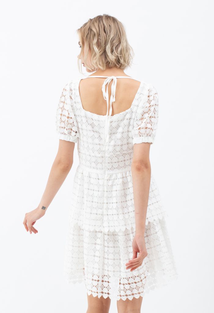Full of Heart Crochet Square Neck Dress in White