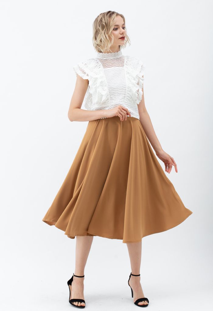 Solid Color Elastic Waist Flare Midi Skirt in Caramel