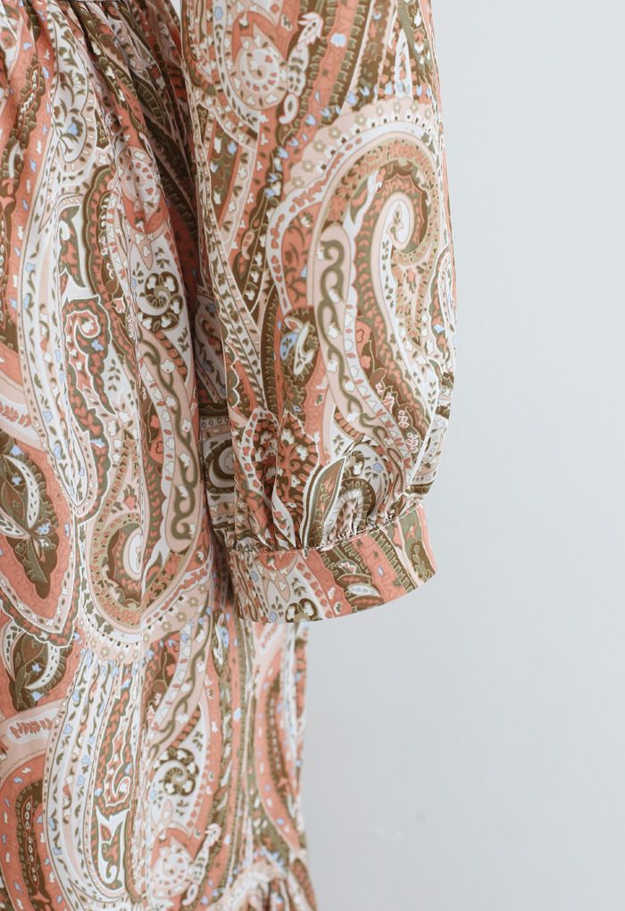 Paisley Floral Boho Wrap Frilling Dress in Coral