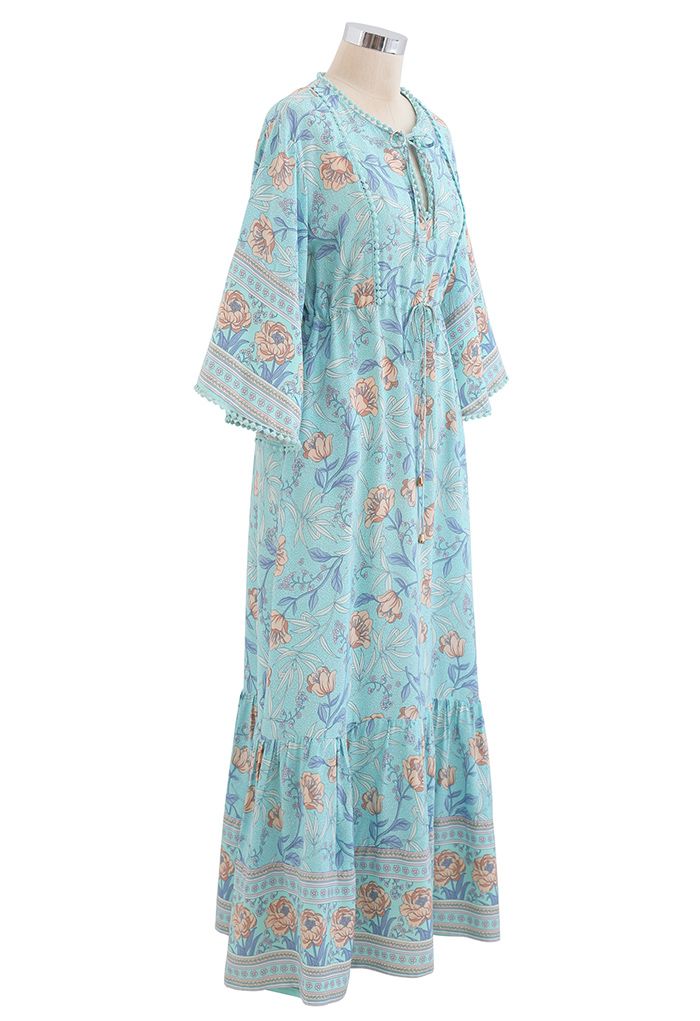 V-Neck Flare Sleeve Floral Frilling Dress in Blue