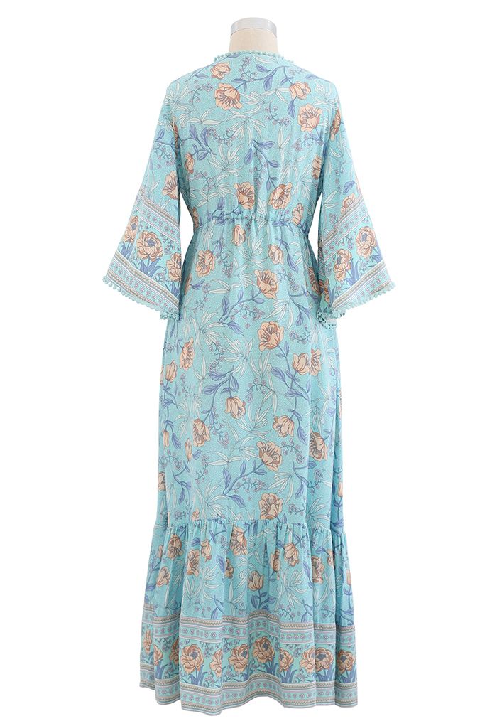 V-Neck Flare Sleeve Floral Frilling Dress in Blue