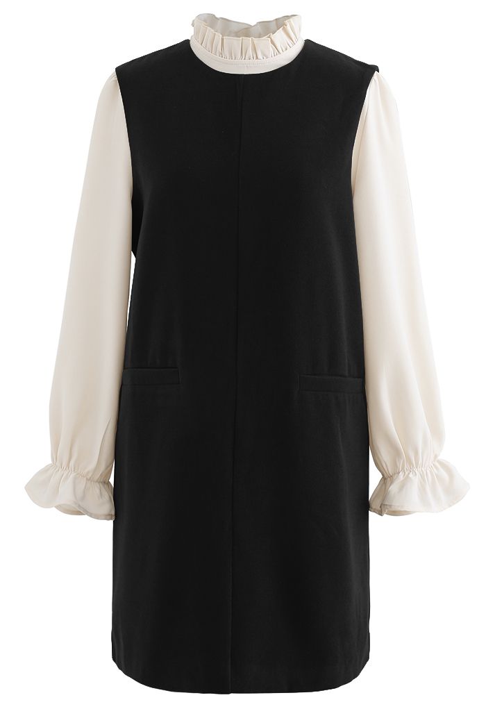 Ruffle Neck Wool-Blend Twinset Dress in Black