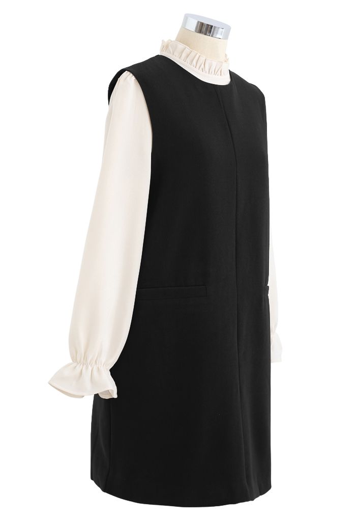 Ruffle Neck Wool-Blend Twinset Dress in Black