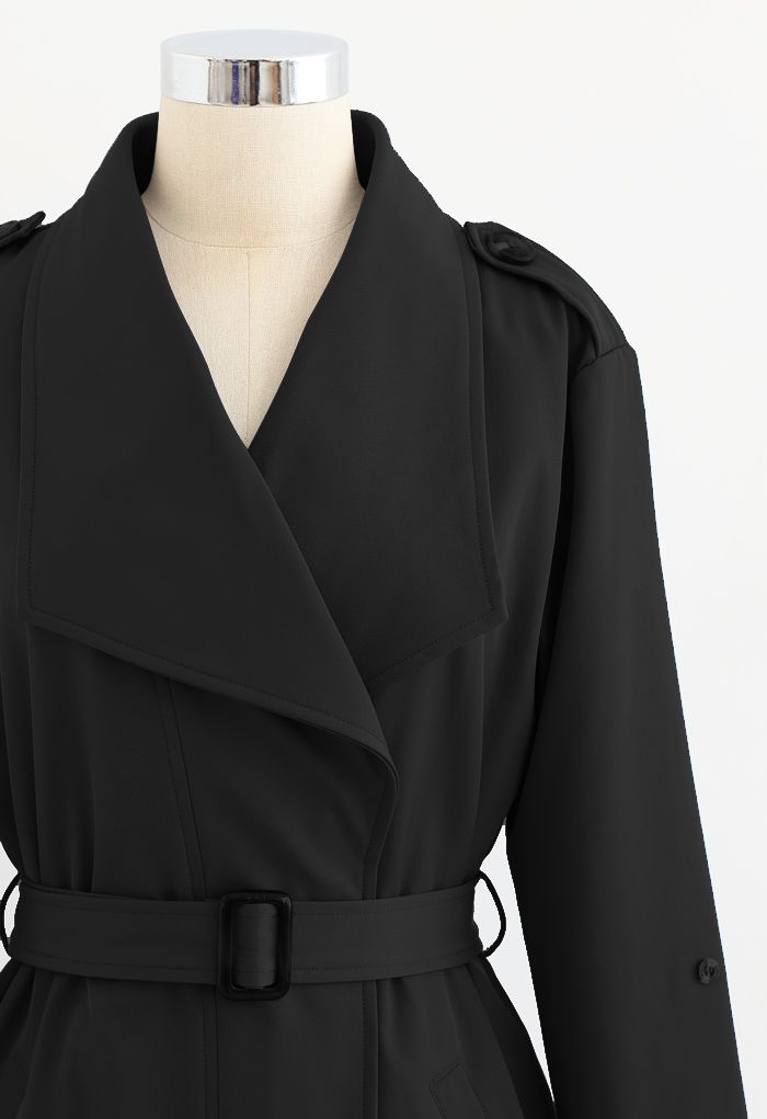 Belted Pocket Drape Neck Coat in Black