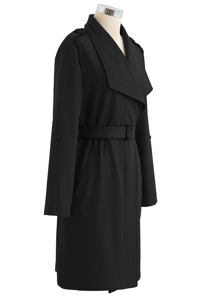 Belted Pocket Drape Neck Coat in Black