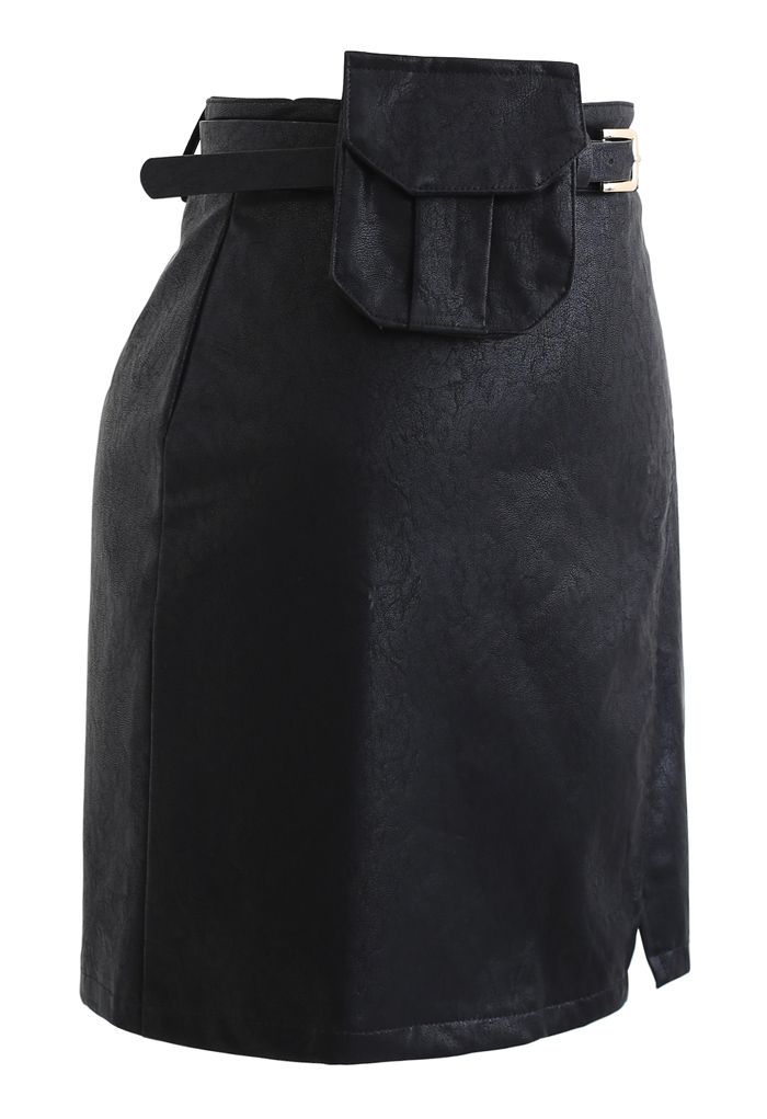 Belted Pocket Faux Leather Mini Bud Skirt in Black