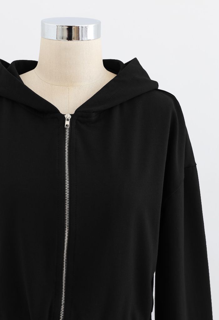 Hooded Zipper Sweatshirt and Drawstring Joggers Set in Black