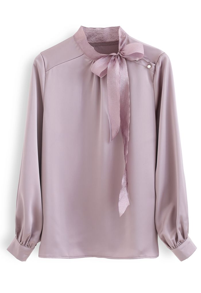 Satin Bowknot Neck Long Sleeves Top in Purple