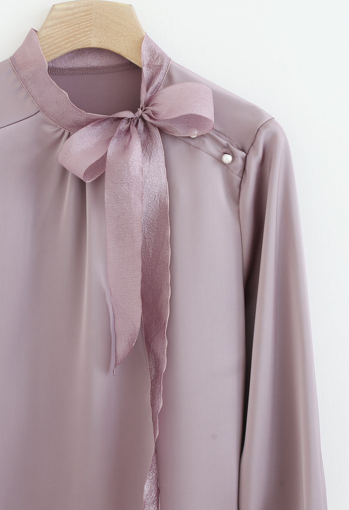 Satin Bowknot Neck Long Sleeves Top in Purple